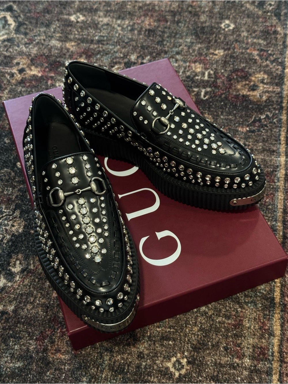 BNWT Gucci Runway Black Crystal Studded Platform Women’s Loafers Creepers 38/8